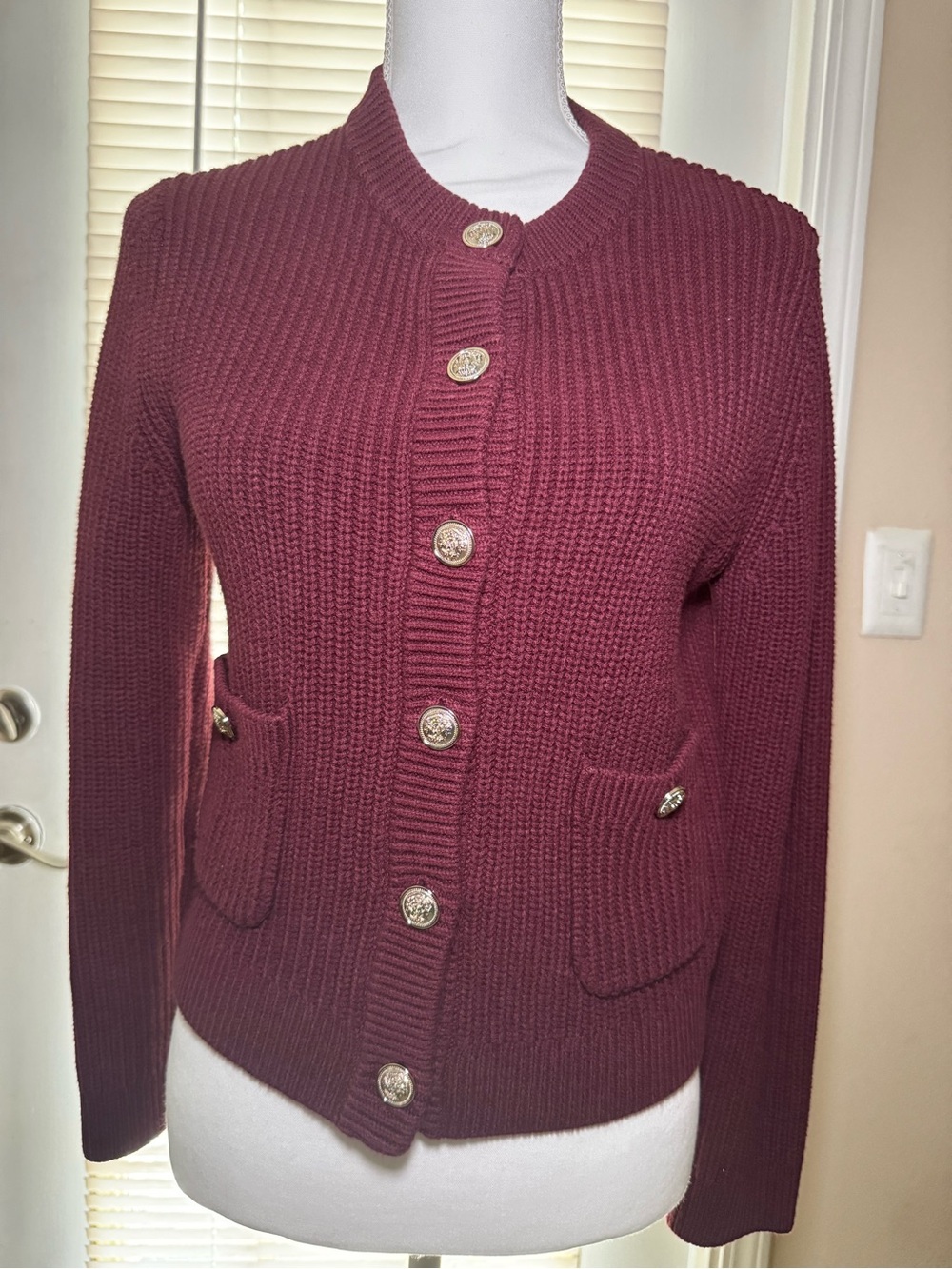 H&M Ribbed Button Cardigan - Wine/Burgundy with Gold Buttons